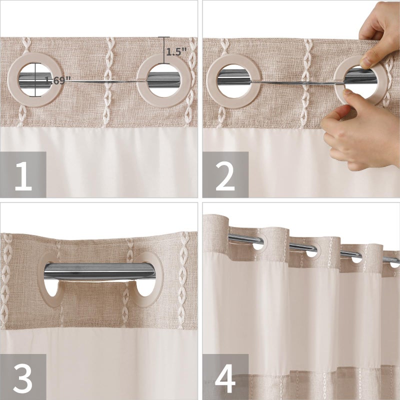 eachope Boho Farmhouse No Hook Shower Curtain Set with Snap-in Fabric Liner,Heavy-Duty Linen Textured Rustic Striped Design,Water-Repellent with Tassels and Sheer Window,Tan/Taupe,71x74 - Image 5