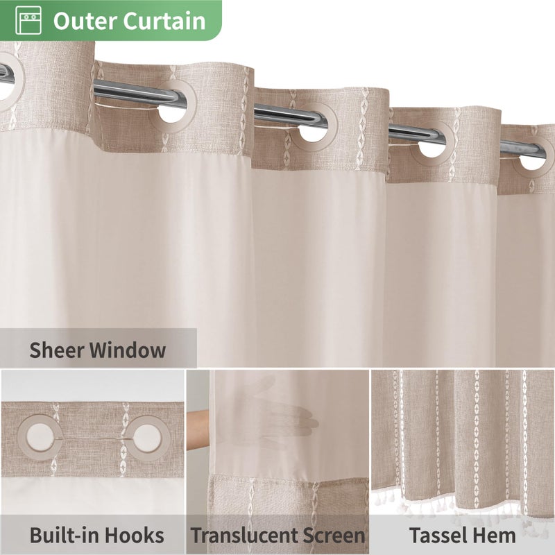 eachope Boho Farmhouse No Hook Shower Curtain Set with Snap-in Fabric Liner,Heavy-Duty Linen Textured Rustic Striped Design,Water-Repellent with Tassels and Sheer Window,Tan/Taupe,71x74 - Image 4