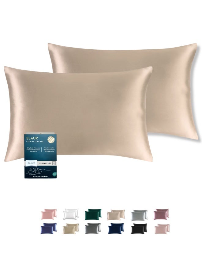 ELAUR Satin Pillowcase for Hair and Skin, Super Soft and Cooling Similar to Silk Pillow Cases 2 Pack with Envelope Closure, Gift for Women Men(20"x26" Standard Size) (Beige)