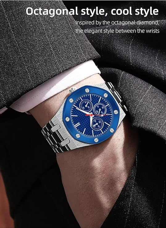 Acnos Stainless Steel Premium Brand Square Analog Blue Dial Silver Case Unisex Watch Hblt-08 With Silver Band - Image 3