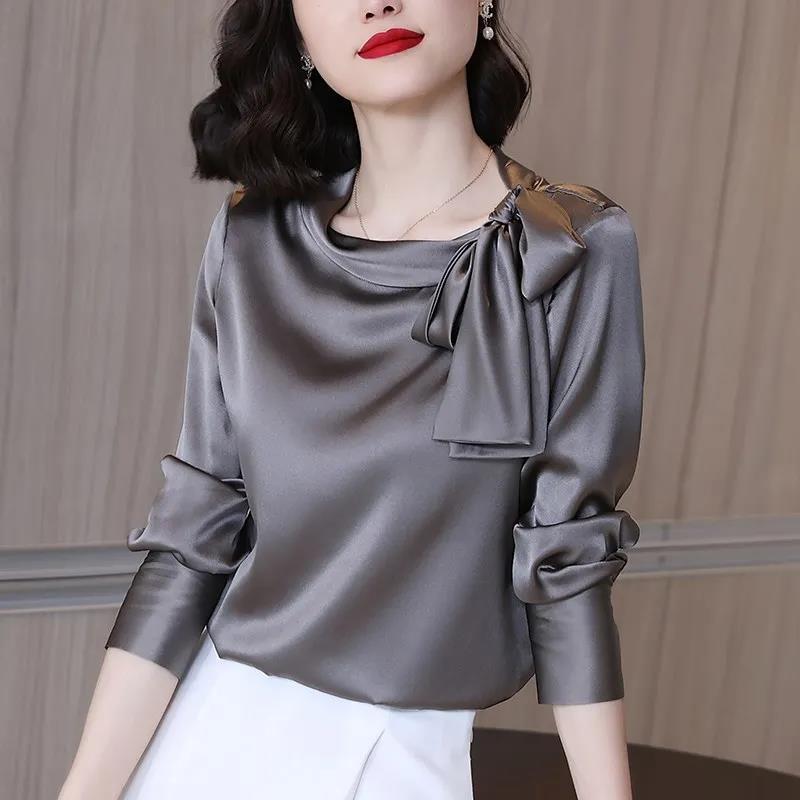 Autumn New Satin Shirt Womens Design Sense Niche Bow Top Womens Long-sleeved T-shirt Base Gray - Image 1