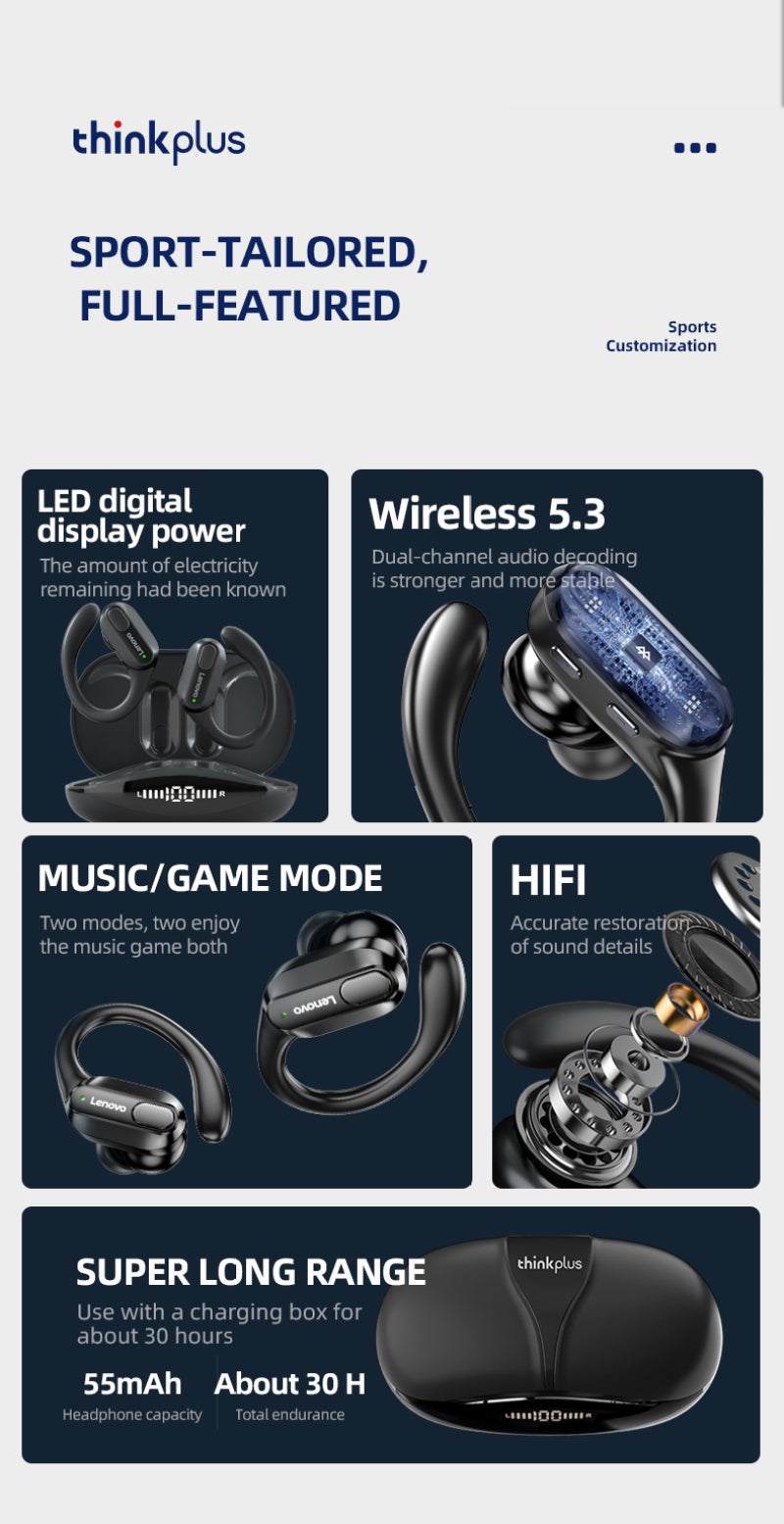 Lenovo Wireless Bluetooth Headphones: Black IP7 Waterproof, Advanced Bluetooth 5.3 Stable Connection, Ergonomic Adjustable Silicone Earloop - Secure Comfort Fit Open Ear Headphones for Sports Outdoor Activit - Image 2