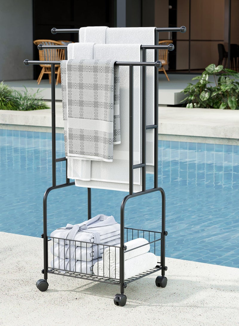 XiuWoo Free Standing Towel Racks for Bathroom, 3 Tier Floor Towel Rack Stand with Wheels & Basket, Blanket Rack and Blanket Holder for Living Room Bath Bedroom, Outdoor Pool  - Image 5