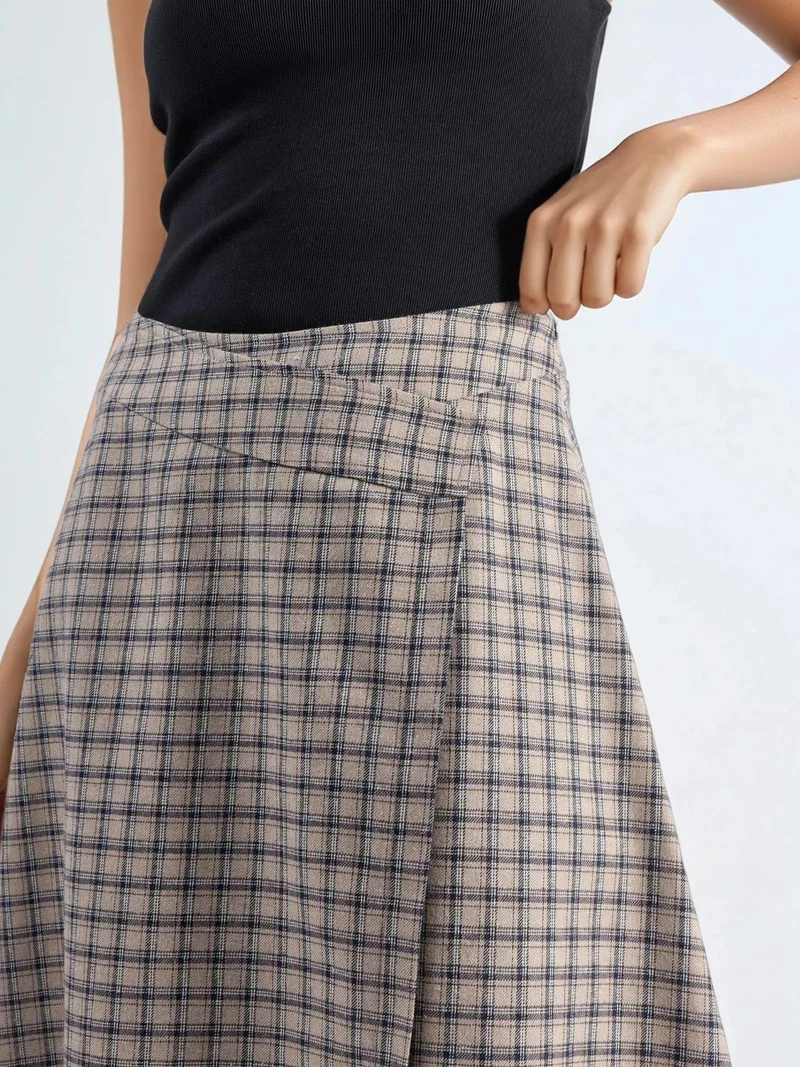 Hiccup Natural High Waist Plaid Midi Skirt for Women | Best Price UAE