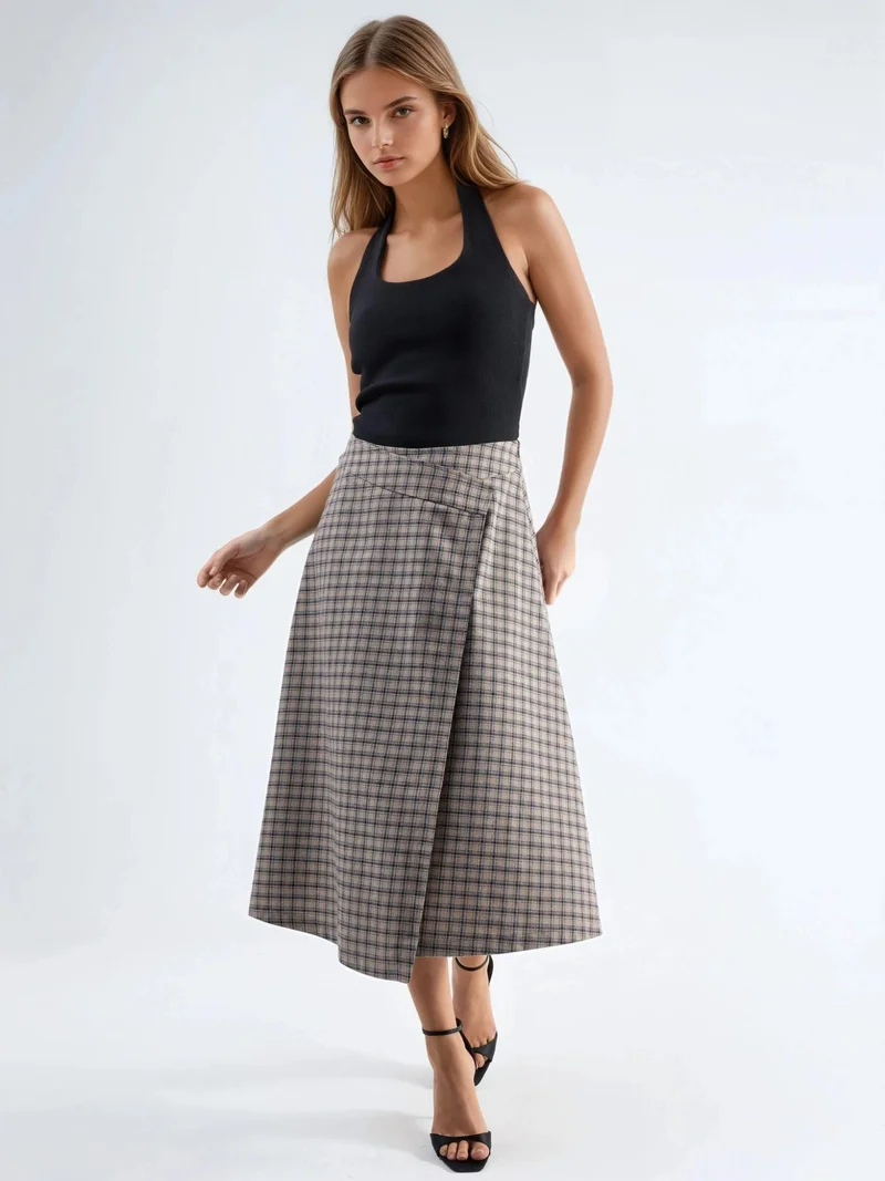 Hiccup Natural High Waist Plaid Midi Skirt for Women | Best Price UAE