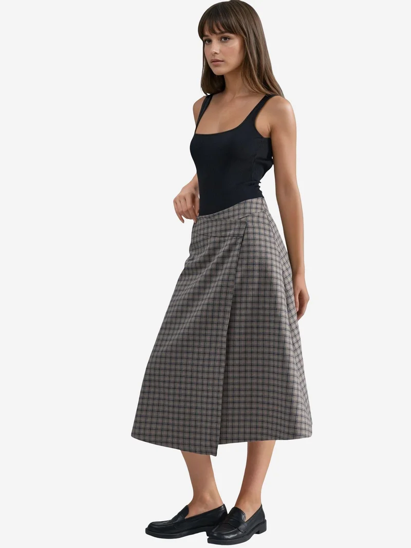 Hiccup Natural High Waist Plaid Midi Skirt for Women | Best Price UAE