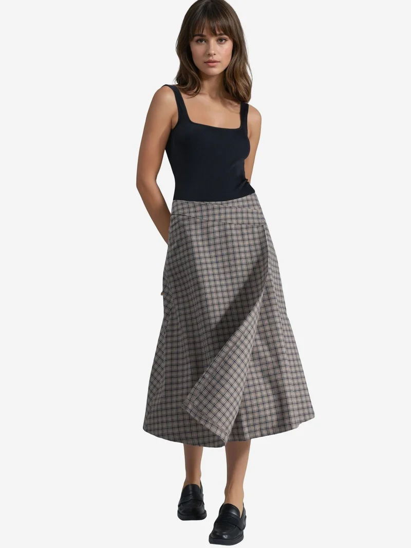 Hiccup Natural High Waist Plaid Midi Skirt for Women | Best Price UAE