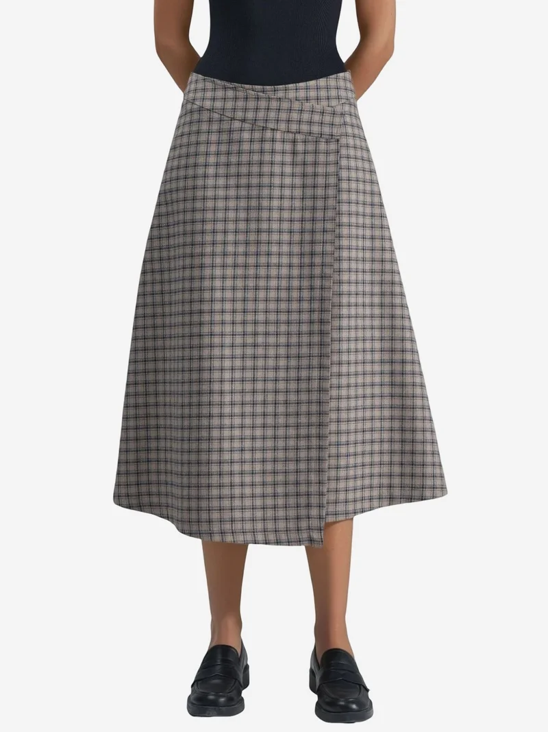 High Waist Plaid Midi Skirt
