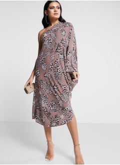 One Shoulder Printed Cape Sleeve Dress