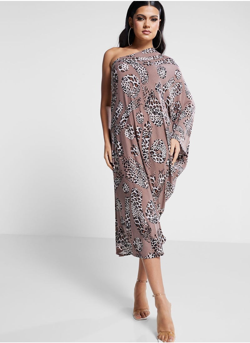 The Arab Crab - One Shoulder Printed Cape Sleeve Dress - Image 1