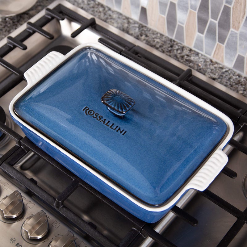 ROSSALLINI Stoneware Casserole Dish Bakeware Set with Lid, Covered Rectangular Dinnerware, Extra Large 4.23 Quart, 13 by 9 Inch, Blu Indaco [Reactive Blue] - Image 5