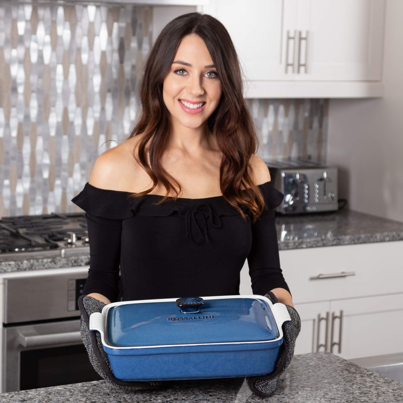 ROSSALLINI Stoneware Casserole Dish Bakeware Set with Lid, Covered Rectangular Dinnerware, Extra Large 4.23 Quart, 13 by 9 Inch, Blu Indaco [Reactive Blue] - Image 2