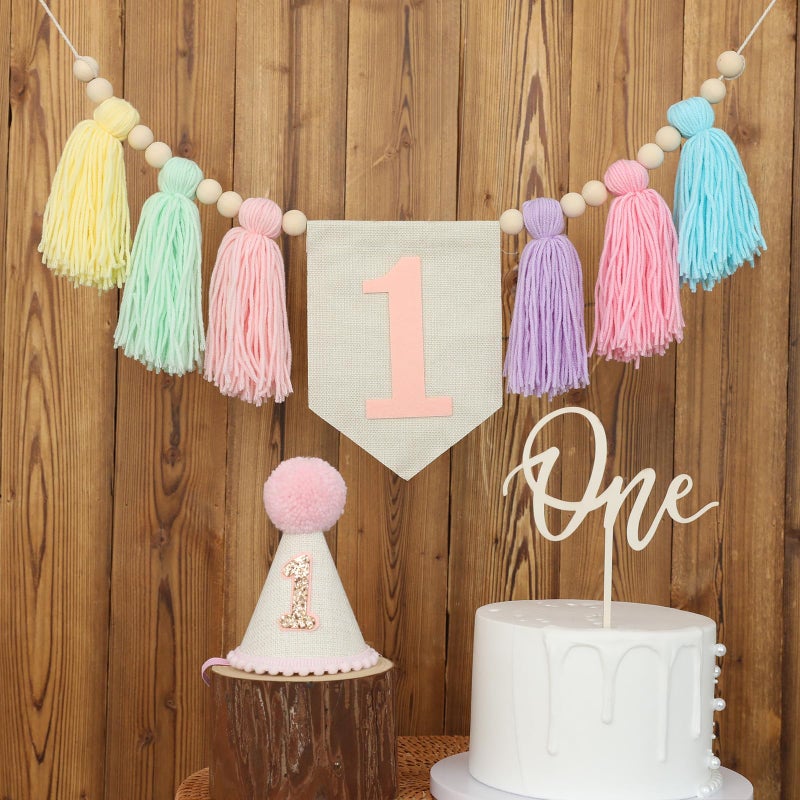 Ereniko Handmade Boho Macaron High Chair Banner & Hat - Pink Decorations For Girl'S 1St Birthday - Crown & Cake Topper - Image 1