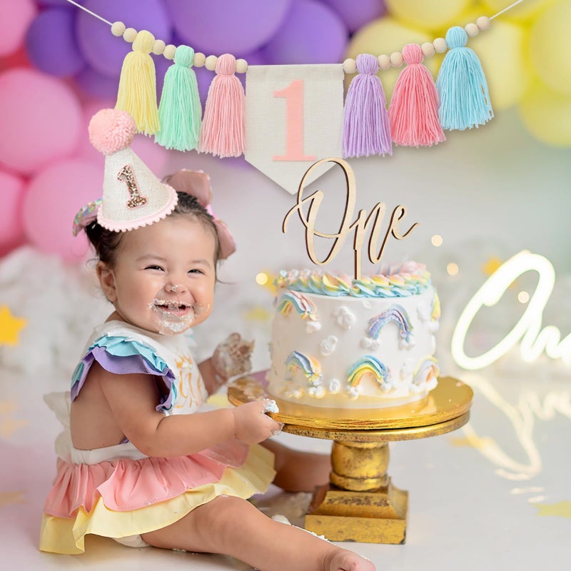 Ereniko Handmade Boho Macaron High Chair Banner & Hat - Pink Decorations For Girl'S 1St Birthday - Crown & Cake Topper - Image 4