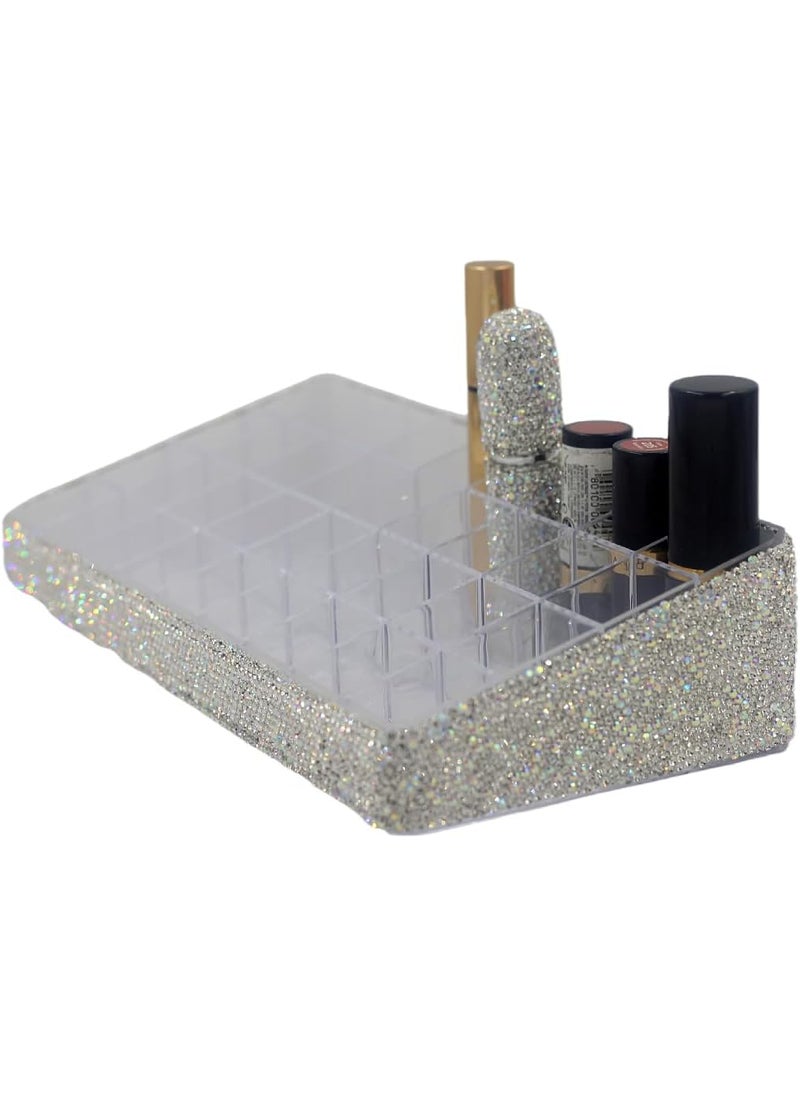 Bestbling - Acrylic Lipstick Organizer - Large Capacity 36-Slot Desktop Cosmetic Storage Rack, Tiered Design Lipstick Holder (Silver) - Image 1