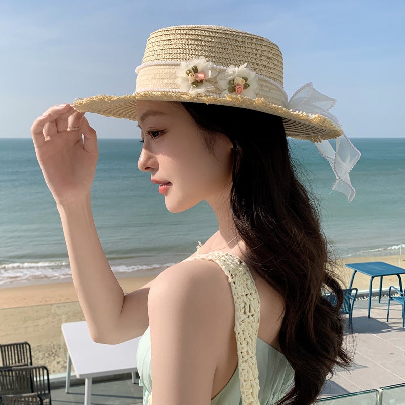 Women's Lace Bow Straw Sun Hat, Wide Brim, Flat Top - Image 1