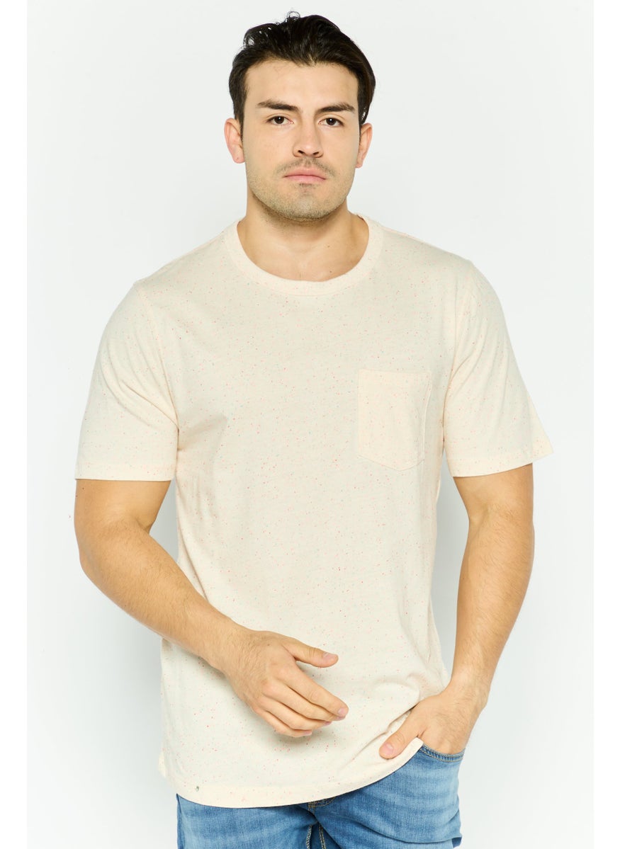 Project Essentials - Men Crew Neck Short Sleeve Textured T Shirt, Beige - Image 1