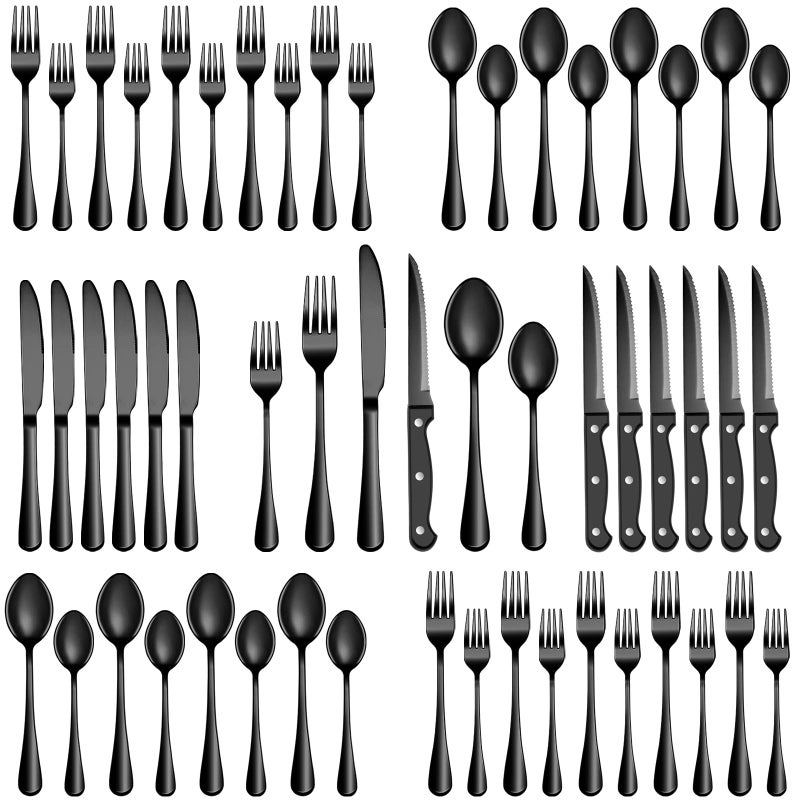 MUTNITT 48 Pcs Black Silverware Set with Steak Knives, Stainless Steel Flatware Cutlery Set Service for 8, Kitchen Tableware Set, Utensil Set for Home and Restaurant, Knives Forks Spoon Set, Dishwasher Safe - Image 1