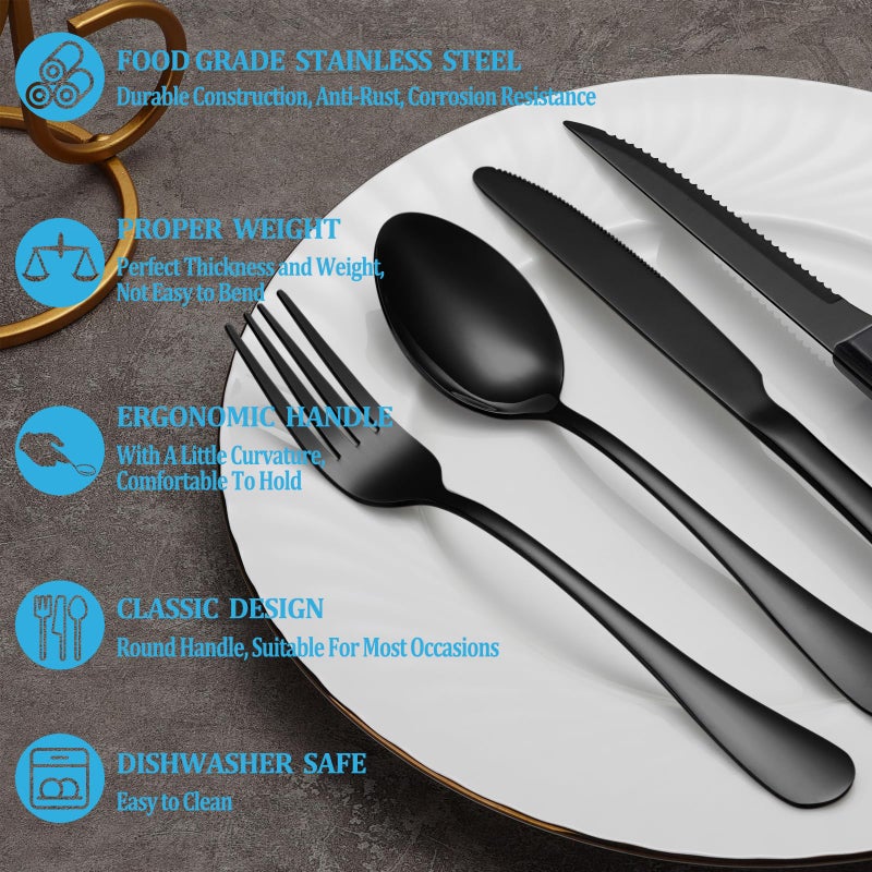 MUTNITT 48 Pcs Black Silverware Set with Steak Knives, Stainless Steel Flatware Cutlery Set Service for 8, Kitchen Tableware Set, Utensil Set for Home and Restaurant, Knives Forks Spoon Set, Dishwasher Safe - Image 3