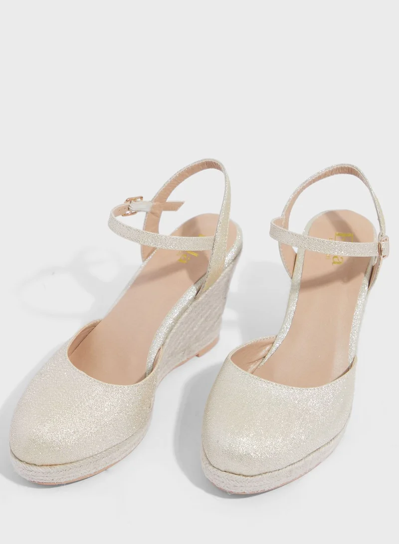 ELLA Glitter Ankle Strap Espadrille Wedge