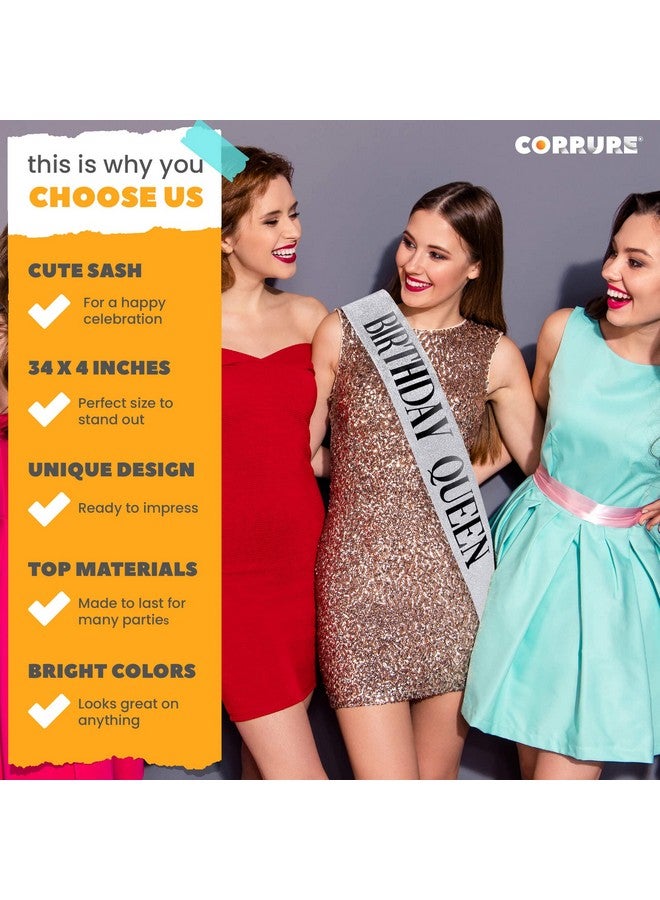 CORRURE 'Birthday Queen' Sash Glitter with Black Foil - Silver Glitter Happy Birthday Sash for Women - Party Favors Supplies and Decorations for Sweet 16, 18th 21st 30th 40th or Any Bday Party - Image 3