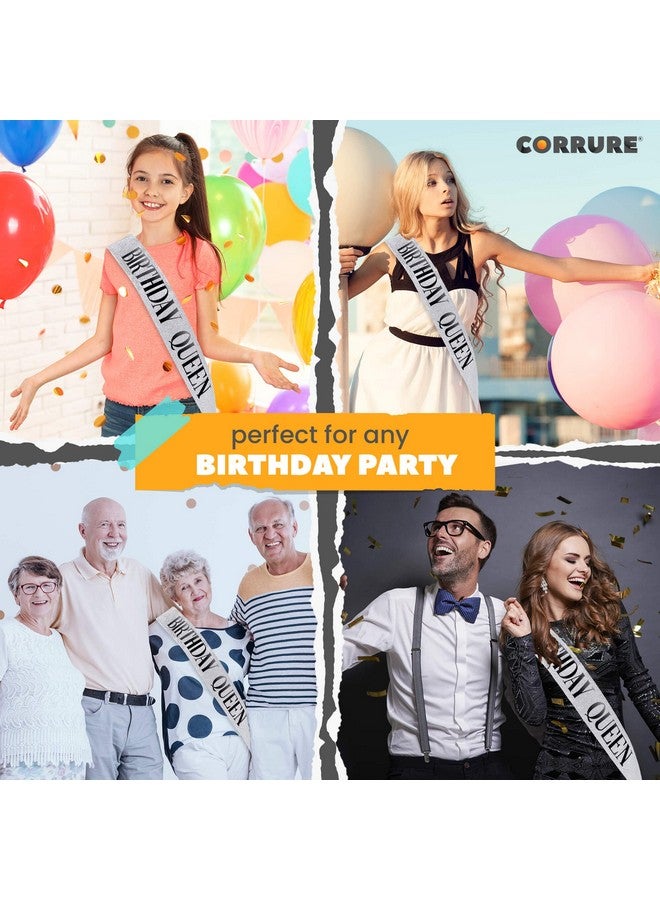 CORRURE 'Birthday Queen' Sash Glitter with Black Foil - Silver Glitter Happy Birthday Sash for Women - Party Favors Supplies and Decorations for Sweet 16, 18th 21st 30th 40th or Any Bday Party - Image 2