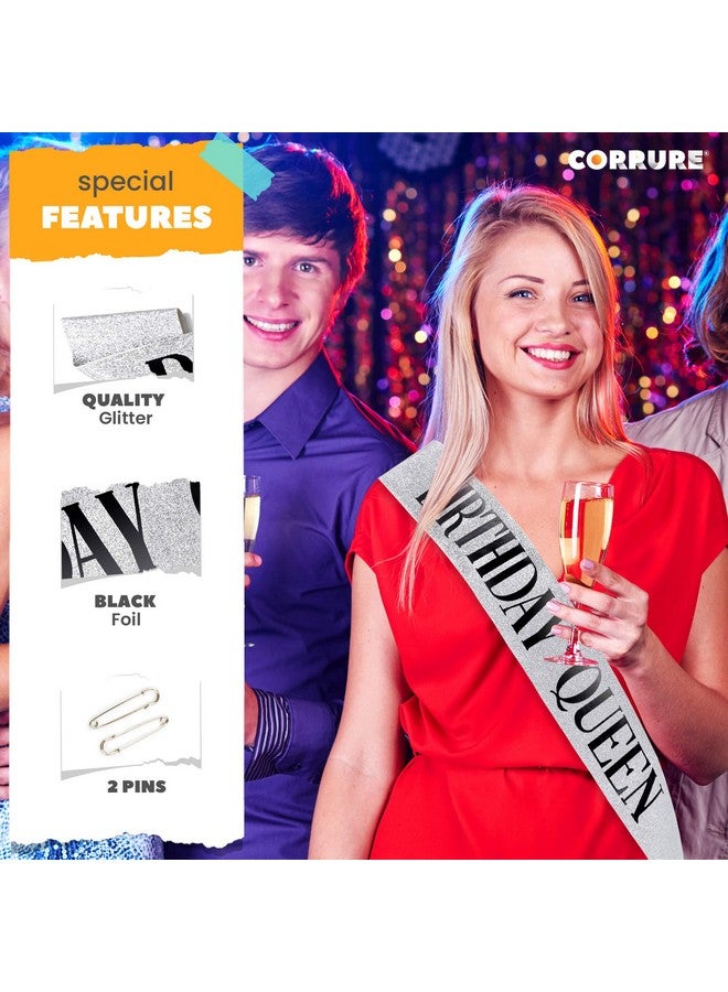 CORRURE 'Birthday Queen' Sash Glitter with Black Foil - Silver Glitter Happy Birthday Sash for Women - Party Favors Supplies and Decorations for Sweet 16, 18th 21st 30th 40th or Any Bday Party - Image 4