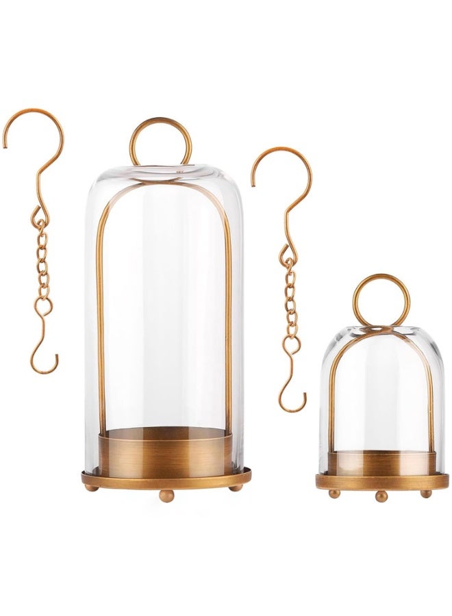 Elegant Glass Hurricane Candle Holders Set, Clear Glass and Bronze Metal, 2 Sizes 24cm/20cm Height, Hanging Lanterns with Chains for Indoor Outdoor Parties Table Centerpieces Decor (Gold) - Image 1