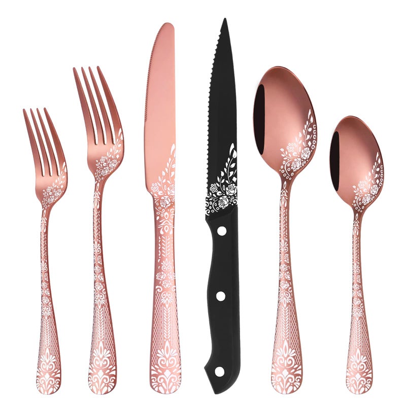 EUIRIO 72Piece Copper Silverware Set with Steak KnivesRose Gold Flatware Set for 12Stainless Steel Tableware Cutlery SetKitchen Utensils Spoon and Fork Set with Floral LaserDishwasher Safe
