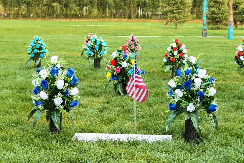 LVXINLI 2 Sets Artificial Cemetery Flowers,Outdoor Grave Decorations Roses,Beautiful Arrangements Bouquet with Cemetery Vase,Lasting and Non-Bleed Colors (White+Dark Blue) - Image 2