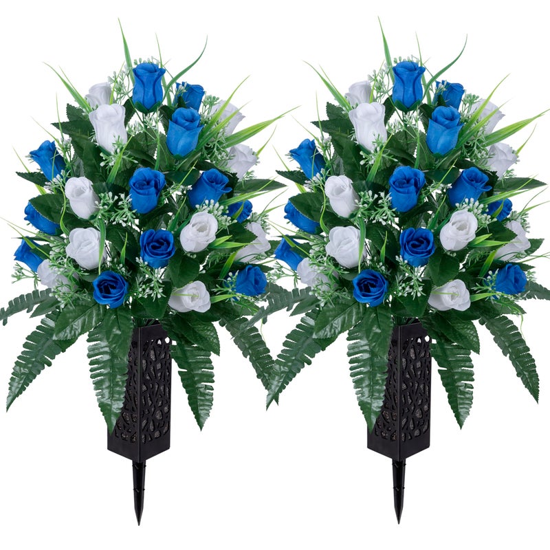 LVXINLI 2 Sets Artificial Cemetery Flowers,Outdoor Grave Decorations Roses,Beautiful Arrangements Bouquet with Cemetery Vase,Lasting and Non-Bleed Colors (White+Dark Blue) - Image 1