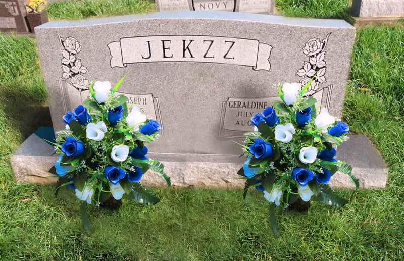 LVXINLI 2 Sets Artificial Cemetery Flowers,Outdoor Grave Decorations Roses,Beautiful Arrangements Bouquet with Cemetery Vase,Lasting and Non-Bleed Colors (White+Dark Blue) - Image 3