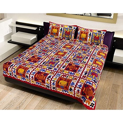 Doraya Queen Size Double Bed Sheet with Pillow Covers Pure Cotton Traditional Jaipuri Printed Bedcover Red Queen - Image 3