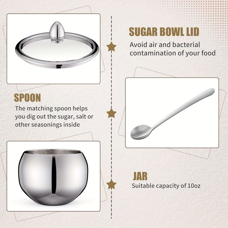 330ml Silvery Stainless Steel Sugar Bowl With Glass Lid and Spoon - Image 3
