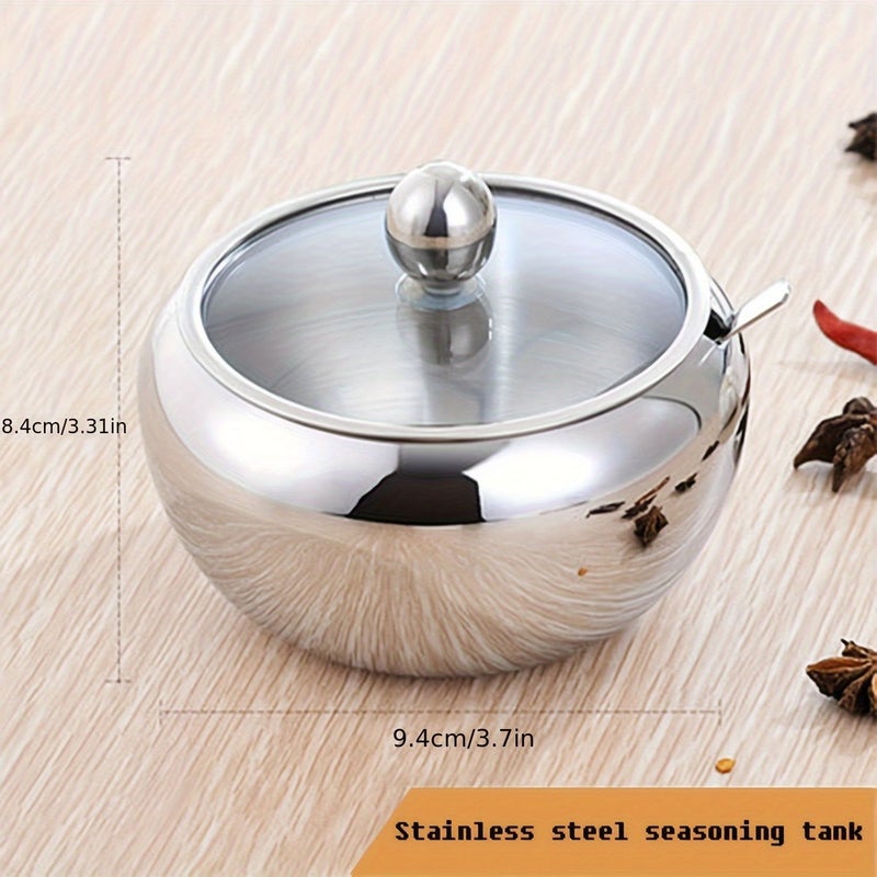 330ml Silvery Stainless Steel Sugar Bowl With Glass Lid and Spoon - Image 2