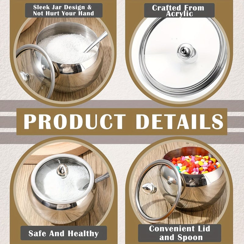 330ml Silvery Stainless Steel Sugar Bowl With Glass Lid and Spoon - Image 4