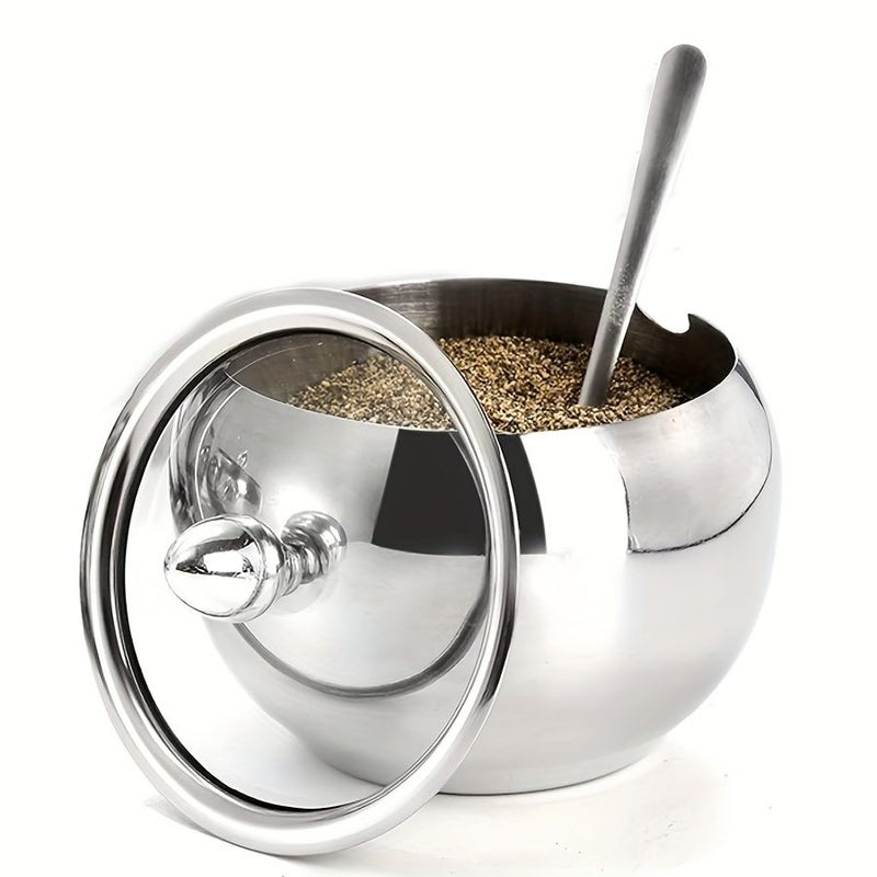 330ml Silvery Stainless Steel Sugar Bowl With Glass Lid and Spoon - Image 1