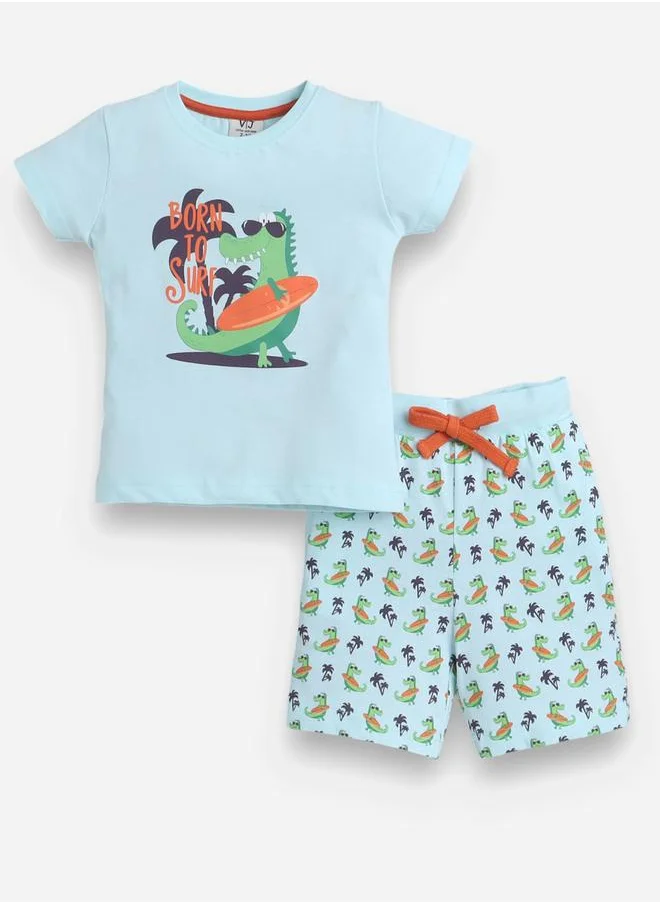 victor and jane Graphic Print T-Shirt and All-Over Printed Shorts Set