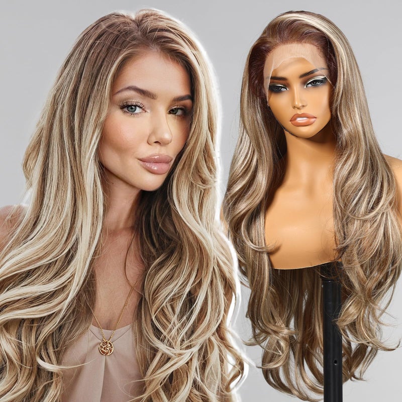KOME Ash Blonde Synthetic Lace Front Wig,13Ã—6 Blonde mix Brown HD Lace Glueless Wig for Women Daily Use 28INï¼ˆTT6/107ï¼‰ - Image 1