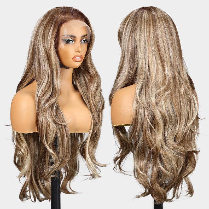 KOME Ash Blonde Synthetic Lace Front Wig,13Ã—6 Blonde mix Brown HD Lace Glueless Wig for Women Daily Use 28INï¼ˆTT6/107ï¼‰ - Image 4