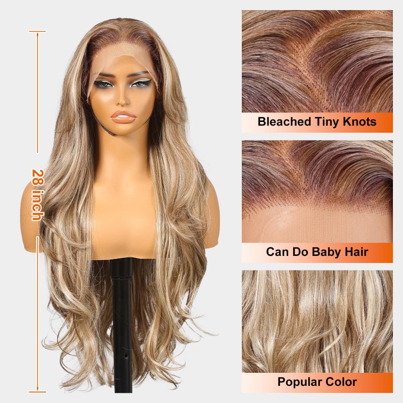 KOME Ash Blonde Synthetic Lace Front Wig,13Ã—6 Blonde mix Brown HD Lace Glueless Wig for Women Daily Use 28INï¼ˆTT6/107ï¼‰ - Image 3