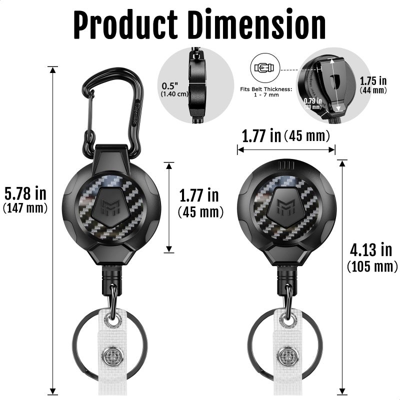 MNGARISTA Upgraded Heavy Duty Retractable Keychain, Belt Clip Ver. & Carabiner Ver., 10 oz Retraction, 31.5" Stainless Steel Cable, 3K Carbon Fiber Tactical ID Badge Reel Key Chain Retractor, 2 Pack - Image 5