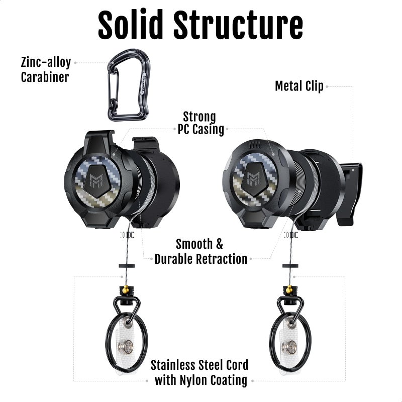 MNGARISTA Upgraded Heavy Duty Retractable Keychain, Belt Clip Ver. & Carabiner Ver., 10 oz Retraction, 31.5" Stainless Steel Cable, 3K Carbon Fiber Tactical ID Badge Reel Key Chain Retractor, 2 Pack - Image 4