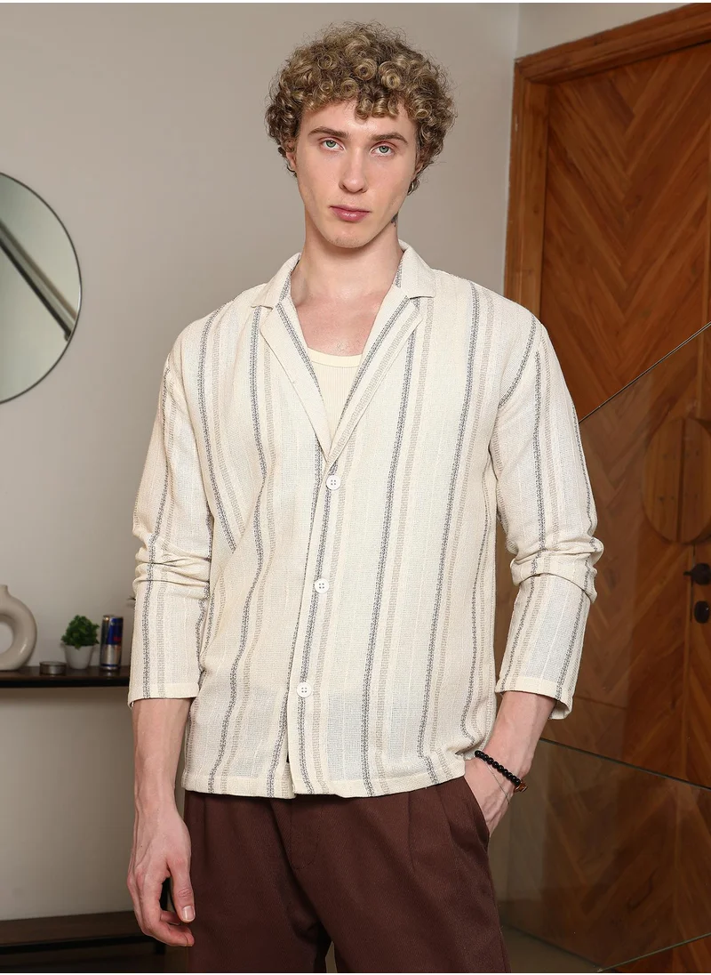 Campus Sutra Men's Striped Cotton Cuban Collar Shirt