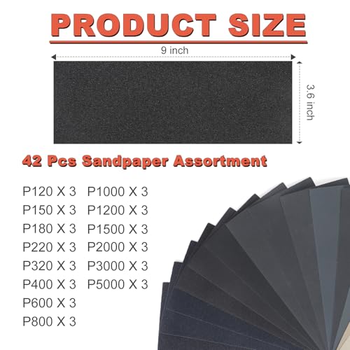 BMOTL Sandpaper Sheets Assortment Pack: 42Pcs Wet Dry 9x3.6 Inch Sand Paper 120-5000 Assorted Grit Fine Coarse Variety for Wood Furniture Finishing Automotive Metal Polishing - Image 2