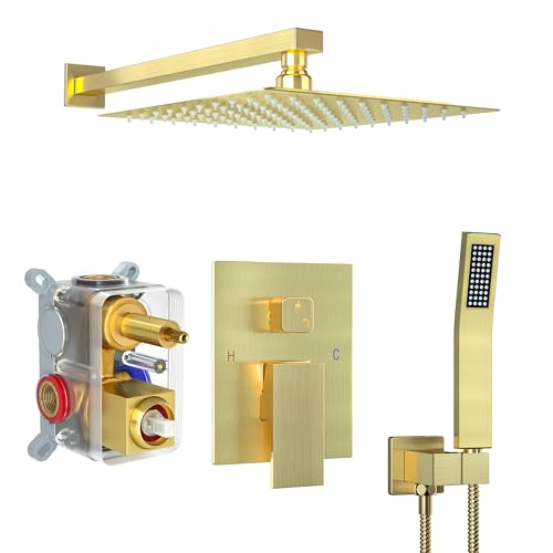 Fatspas Shower Faucet Set, Shower System with 10 Inch Rain Showerhead and Handheld Shower, Wall Mounted High-Pressure Showerhead Combo Set Included Valve and Trim, Brushed Gold - Image 1