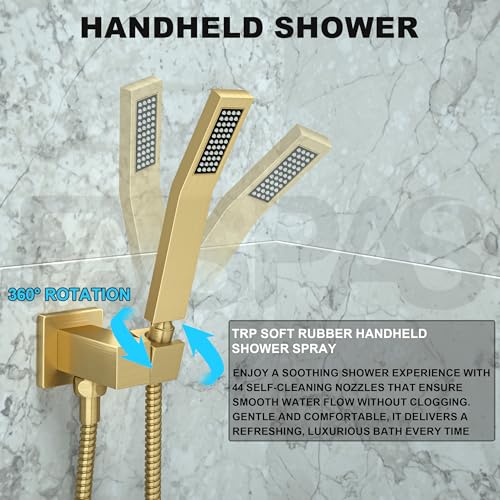 Fatspas Shower Faucet Set, Shower System with 10 Inch Rain Showerhead and Handheld Shower, Wall Mounted High-Pressure Showerhead Combo Set Included Valve and Trim, Brushed Gold - Image 4