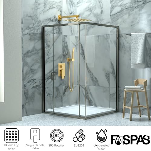 Fatspas Shower Faucet Set, Shower System with 10 Inch Rain Showerhead and Handheld Shower, Wall Mounted High-Pressure Showerhead Combo Set Included Valve and Trim, Brushed Gold - Image 2