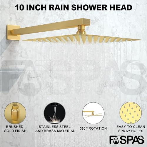 Fatspas Shower Faucet Set, Shower System with 10 Inch Rain Showerhead and Handheld Shower, Wall Mounted High-Pressure Showerhead Combo Set Included Valve and Trim, Brushed Gold - Image 3