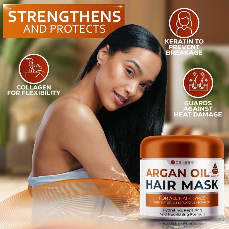 BELLISSO Moroccan Argan Oil Mask - Deep Conditioning Moisturizer for Dry, Extremely Damaged Hair - Hydrating Repair Treatment for Split Ends - With Collagen and Keratin for Curly, Frizzy and Color Treated Hair - Image 4